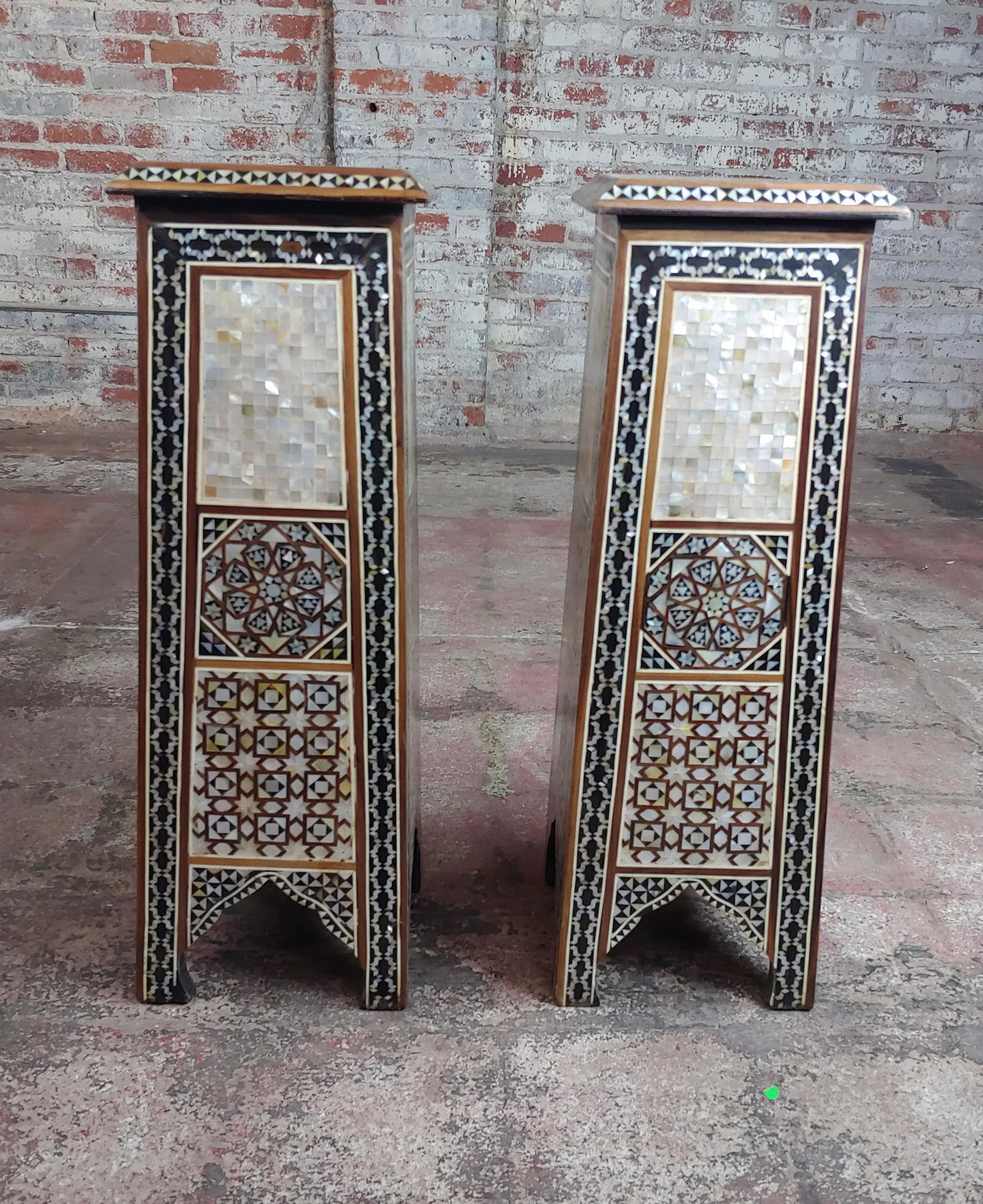 Vintage Syrian "Tower Shaped" Petite Inlaid Stands - a Pair - 2