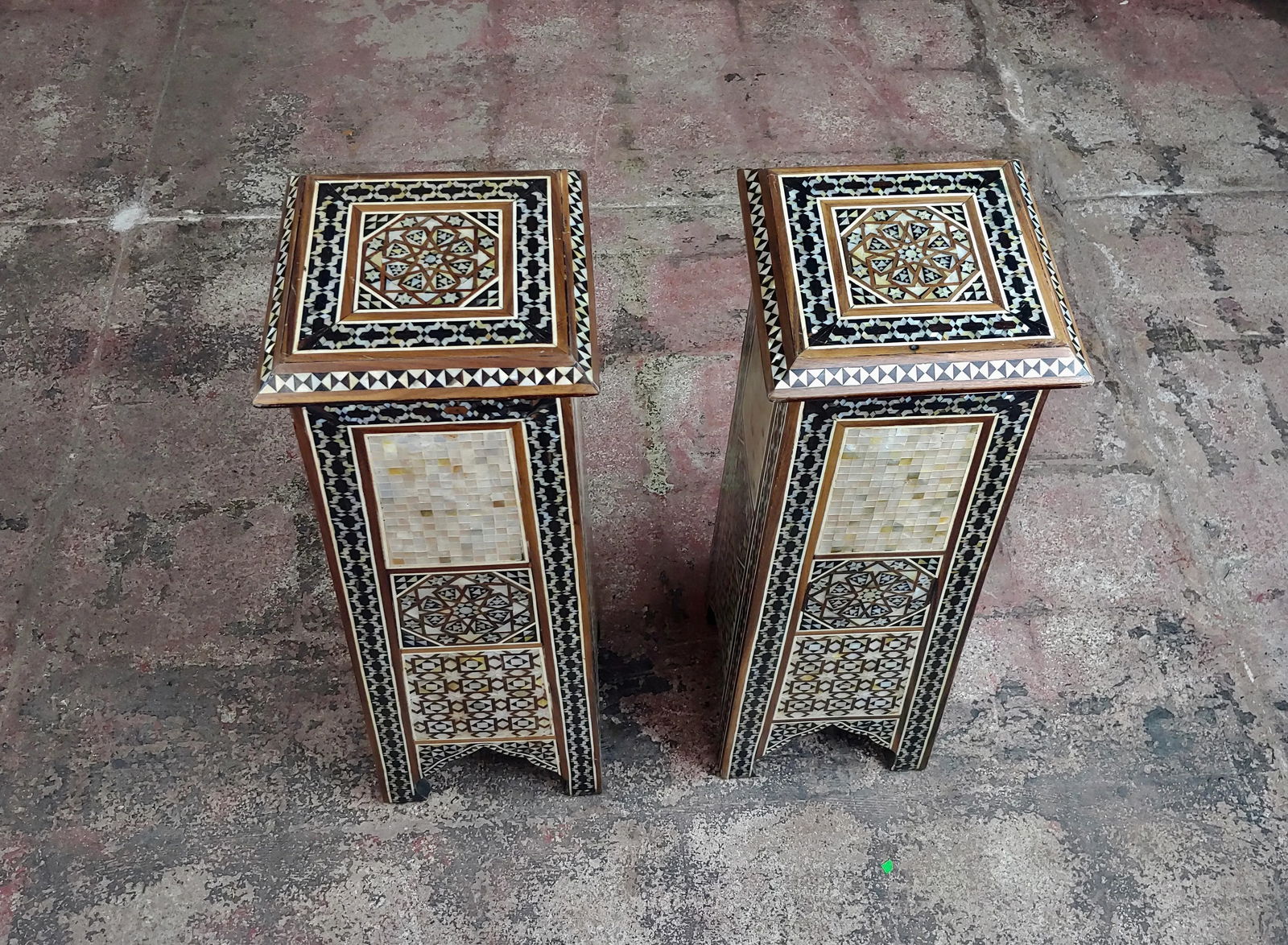 Vintage Syrian "Tower Shaped" Petite Inlaid Stands - a Pair - 3