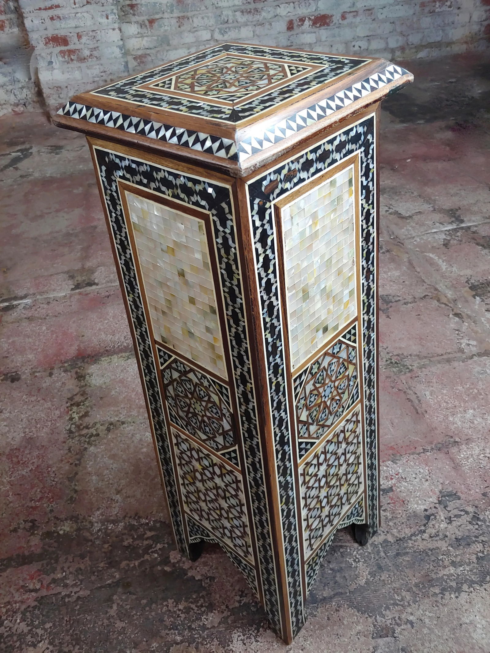 Vintage Syrian "Tower Shaped" Petite Inlaid Stands - a Pair - 4