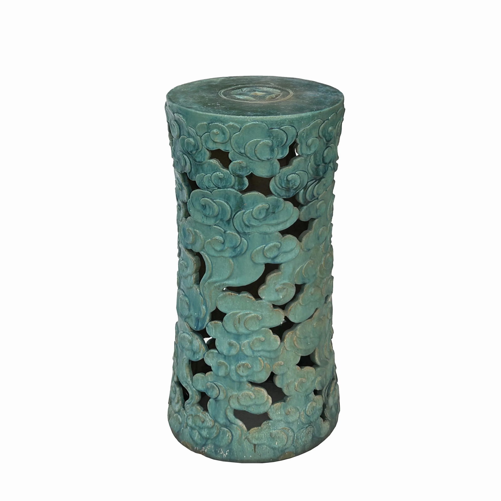 Ceramic Clay Turquoise Cloud Scroll Round Tall Pedestal Table Display Stand - 2