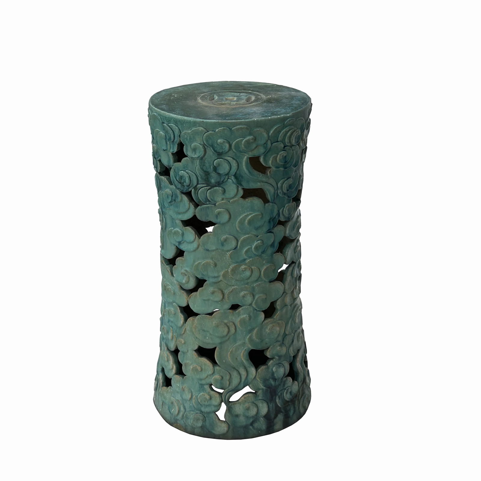 Ceramic Clay Turquoise Cloud Scroll Round Tall Pedestal Table Display Stand - 3