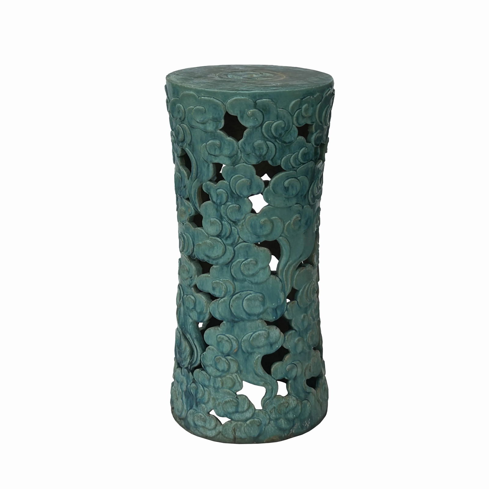 Ceramic Clay Turquoise Cloud Scroll Round Tall Pedestal Table Display Stand - 4
