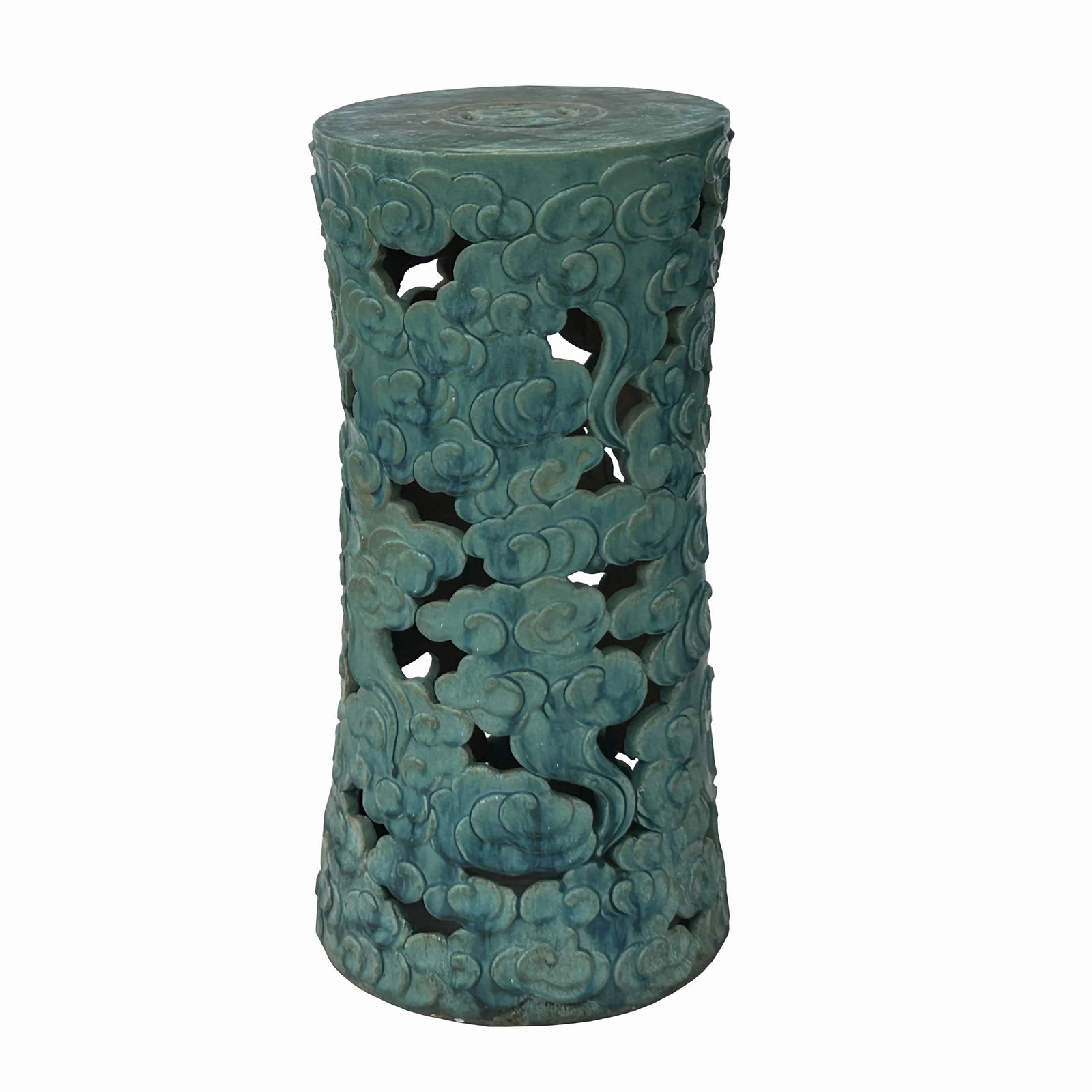 Ceramic Clay Turquoise Cloud Scroll Round Tall Pedestal Table Display Stand - 5