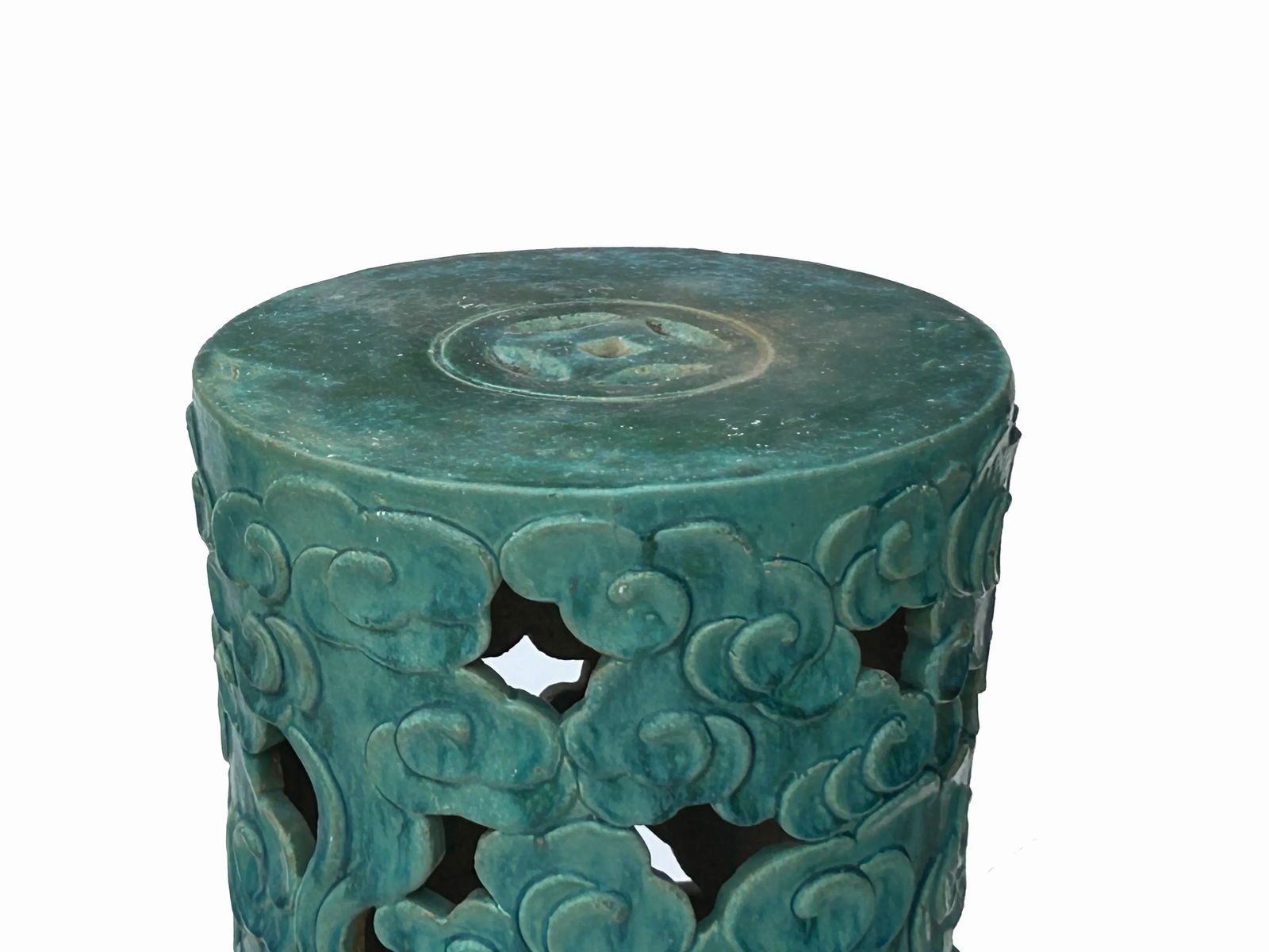 Ceramic Clay Turquoise Cloud Scroll Round Tall Pedestal Table Display Stand - 6