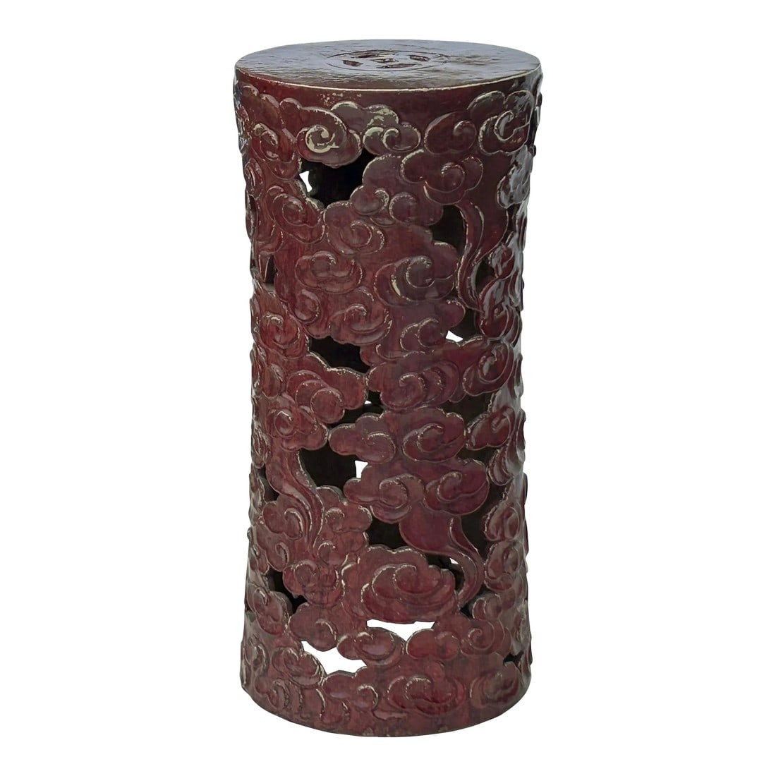 Ceramic Brick Red Cloud Scroll Round Tall Pedestal Table Display Stand: The Ceramic Clay Brick Red Cloud Scroll Round Tall Pedestal Table Display Stand is a striking and artistic piece that seamlessly combines traditional craftsmanship with a contemporary aesthetic.
