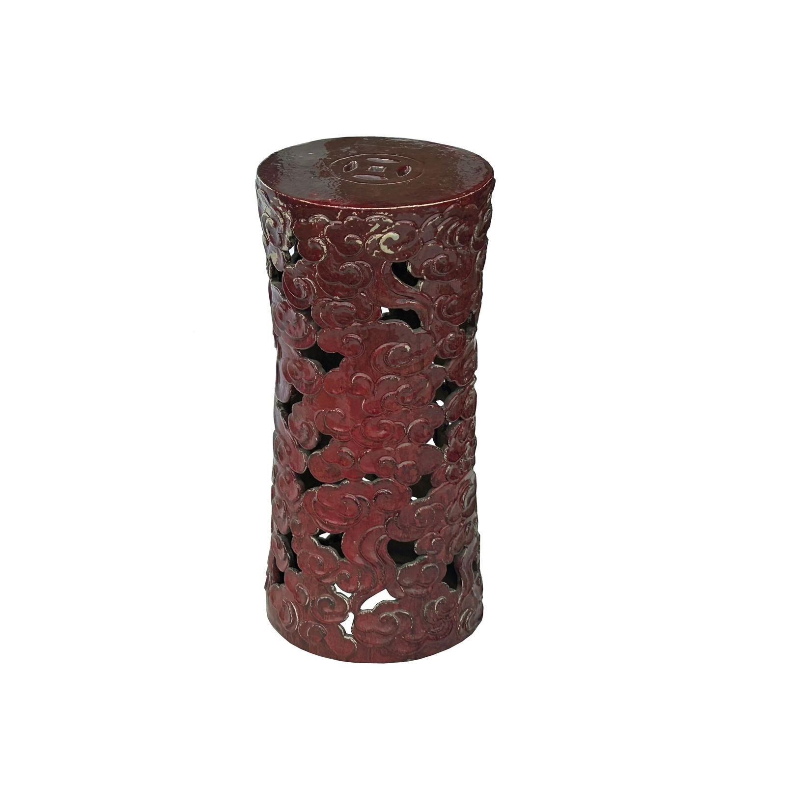 Ceramic Brick Red Cloud Scroll Round Tall Pedestal Table Display Stand - 2