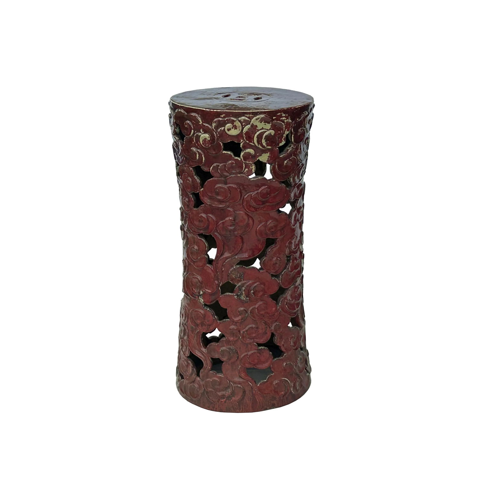 Ceramic Brick Red Cloud Scroll Round Tall Pedestal Table Display Stand - 3