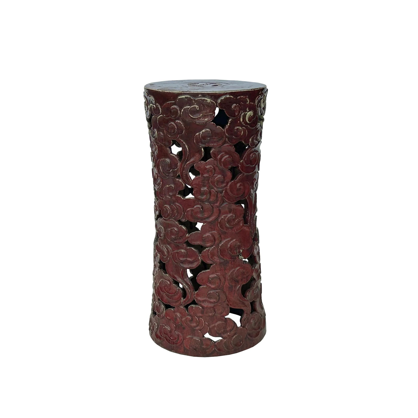 Ceramic Brick Red Cloud Scroll Round Tall Pedestal Table Display Stand - 4