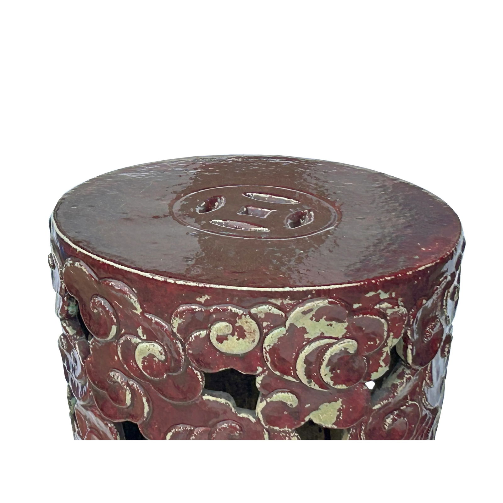 Ceramic Brick Red Cloud Scroll Round Tall Pedestal Table Display Stand - 6
