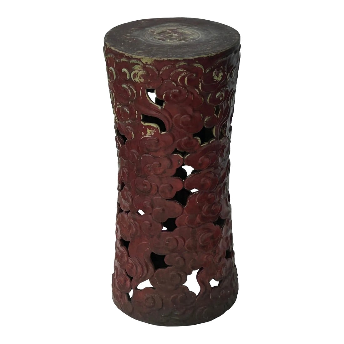 Ceramic Brick Red Cloud Scroll Round Tall Pedestal Table Display Stand: The Ceramic Clay Brick Red Cloud Scroll Round Tall Pedestal Table Display Stand is a striking and artistic piece that seamlessly combines traditional craftsmanship with a contemporary aesthetic.