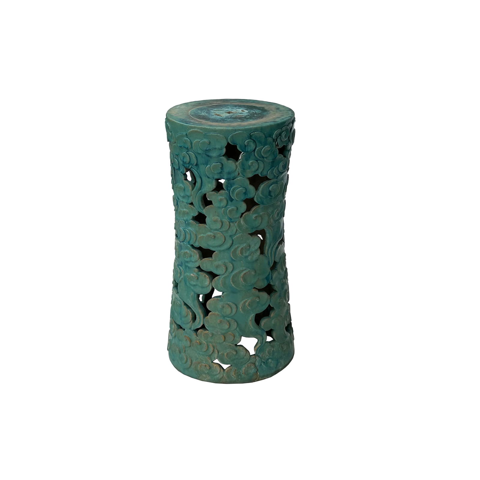 Ceramic Clay Turquoise Cloud Scroll Round Tall Pedestal Table Display Stand - 3