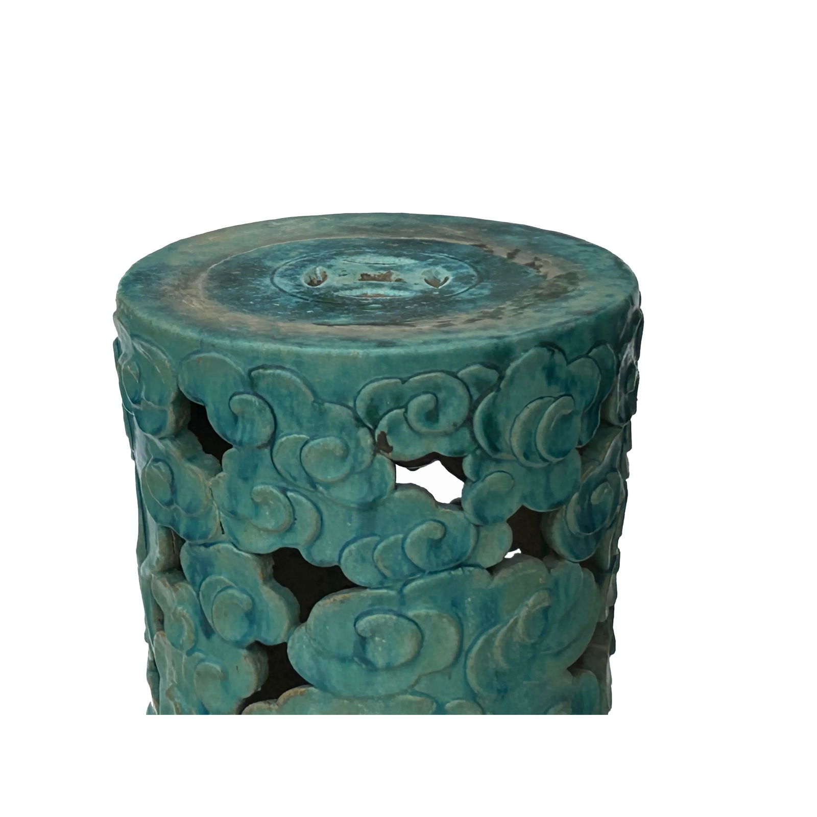 Ceramic Clay Turquoise Cloud Scroll Round Tall Pedestal Table Display Stand - 8