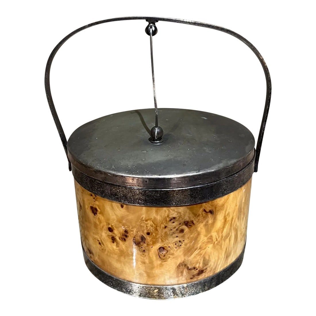 Mid-Century Modern Italian Burl Wood Silver Chrome Ice Bucket Italy: For your consideration, a 1960s Italian vintage burl wood silver plated ice bucket. Made Italy. After Milo Baughman. Handsome mid-century modern ice bucket with handle. Ice bucket is cylindrical conta