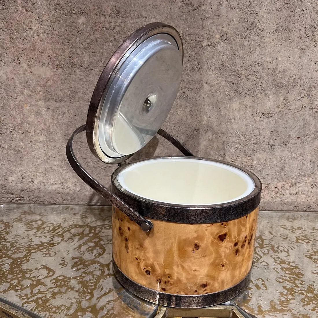 Mid-Century Modern Italian Burl Wood Silver Chrome Ice Bucket Italy - 3