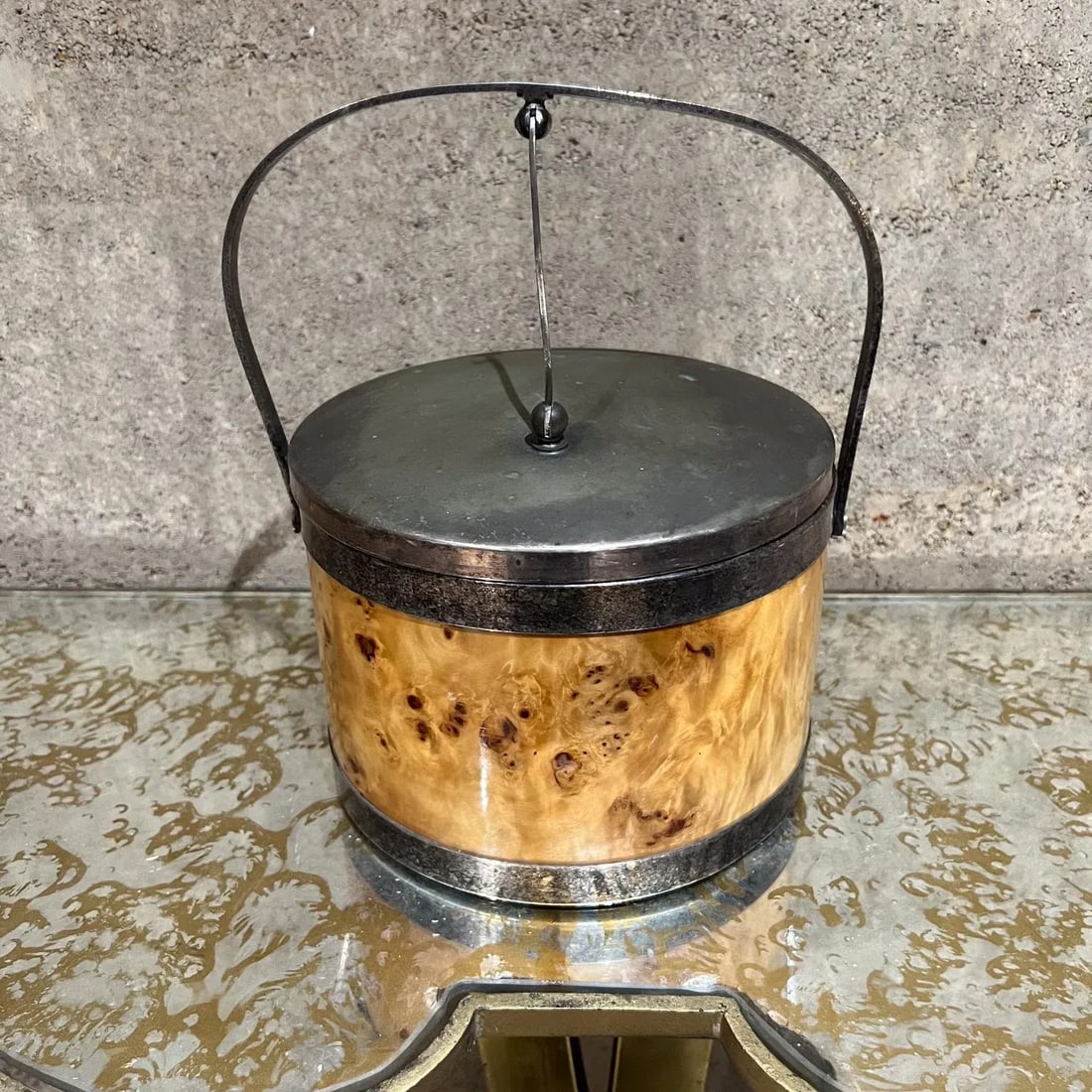 Mid-Century Modern Italian Burl Wood Silver Chrome Ice Bucket Italy - 6