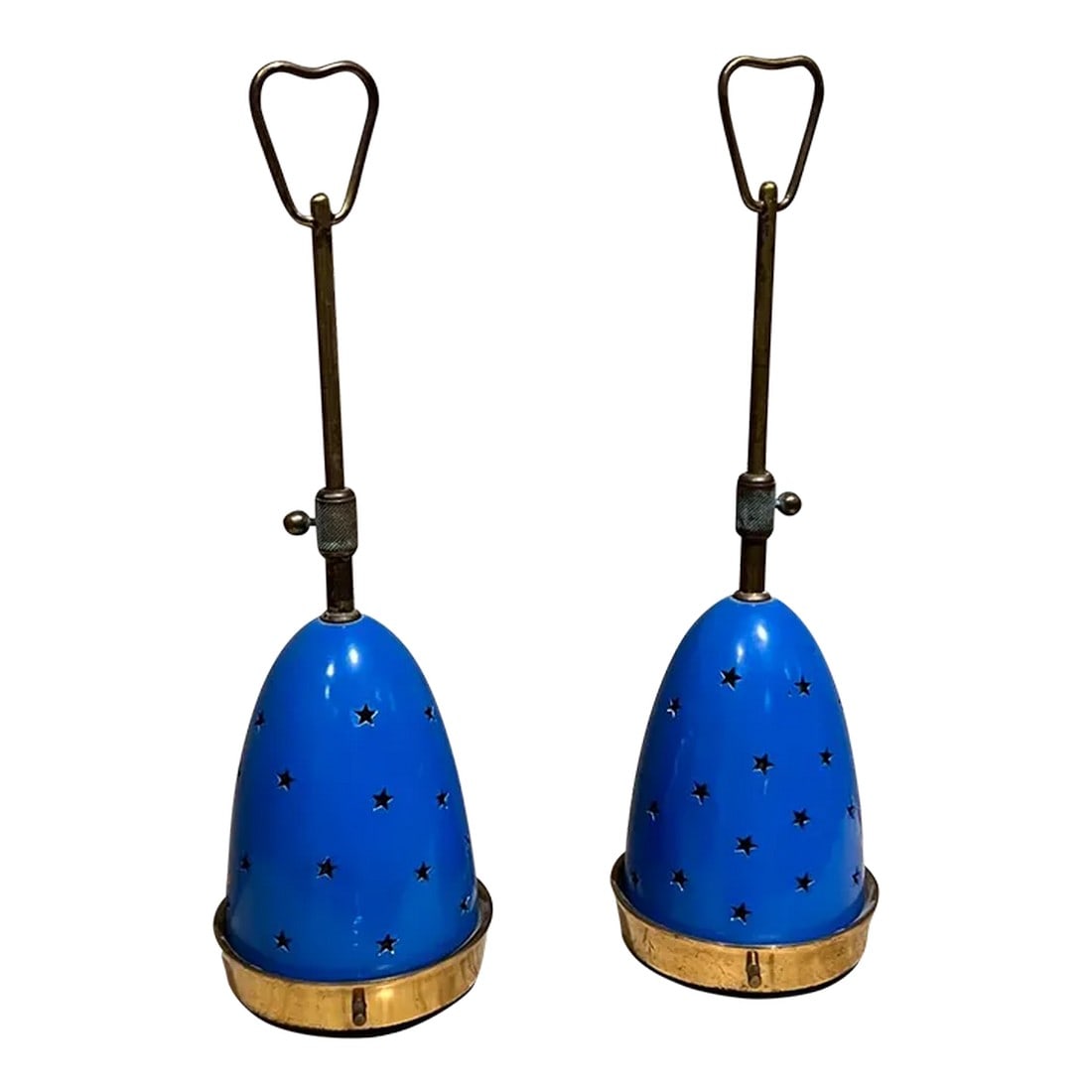1950s Angelo Lelii Italian Blue Stelline Table Lamps Arredoluce: AMBIANIC presents 1950s Angelo Lelii fabulous Italian Blue Stelline Table Lamps Arredoluce Brass body aluminum shades painted blue. Original opaline glass shade. 14 x 4 Preowned original vintage