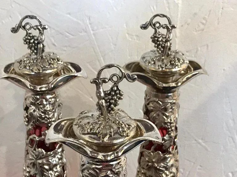 19th Century English Silver Plate and Cranberry Glass Three-Bottle Tauntless - 4