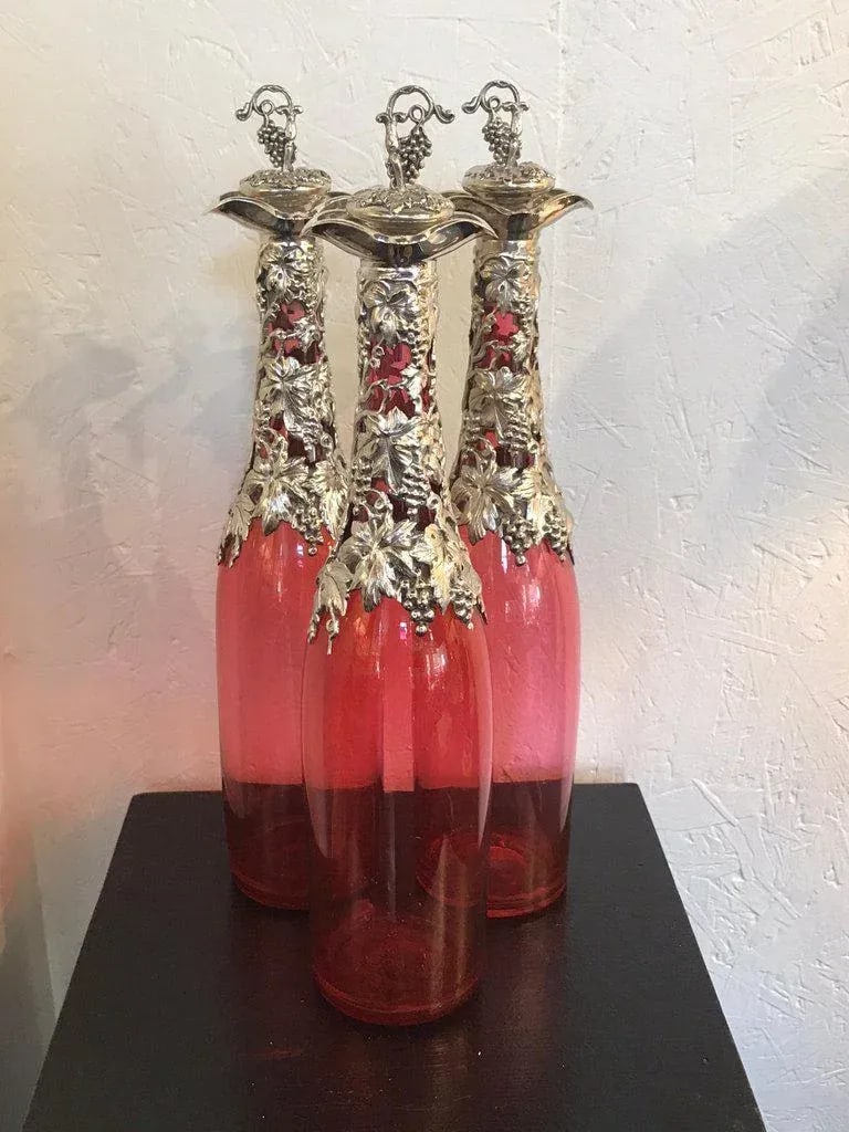 19th Century English Silver Plate and Cranberry Glass Three-Bottle Tauntless - 6