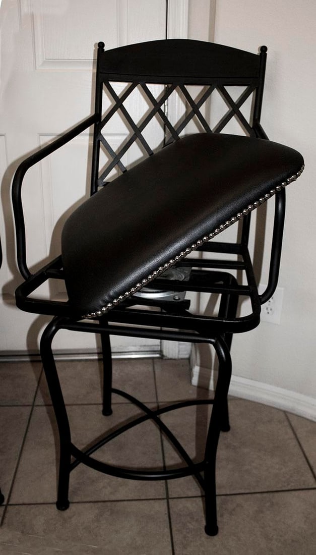 Pair Retro Bar Stools With Custom Made Studded Seats - 2