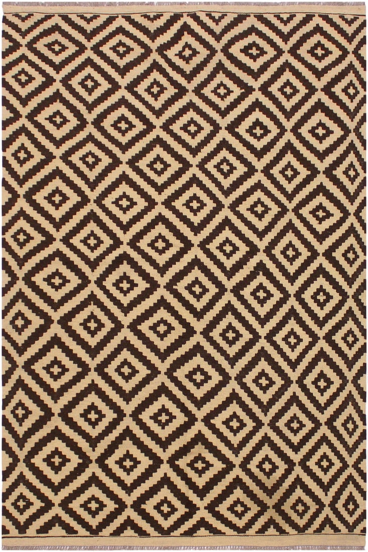 Modern Bauhaus Kilim Hand-Woven Wool Rug -4'2" X 6'7": Add a touch of elegance to your home with this casual chic hand woven Tribal Kilim wool rug. Constructed on a loom by Nomad Turkman people with hand spun wool and 100% Natural Vegetable dyes these