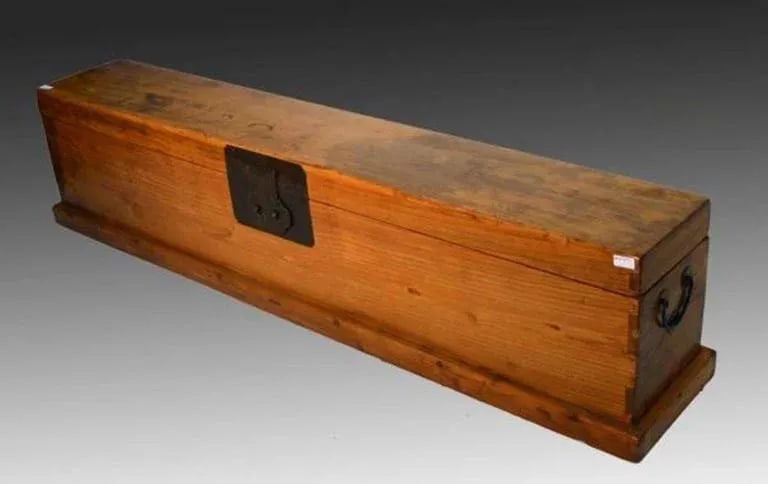 Antique Long Wood Scroll Box With Brass Hardware From China, Circa 1800s - 3