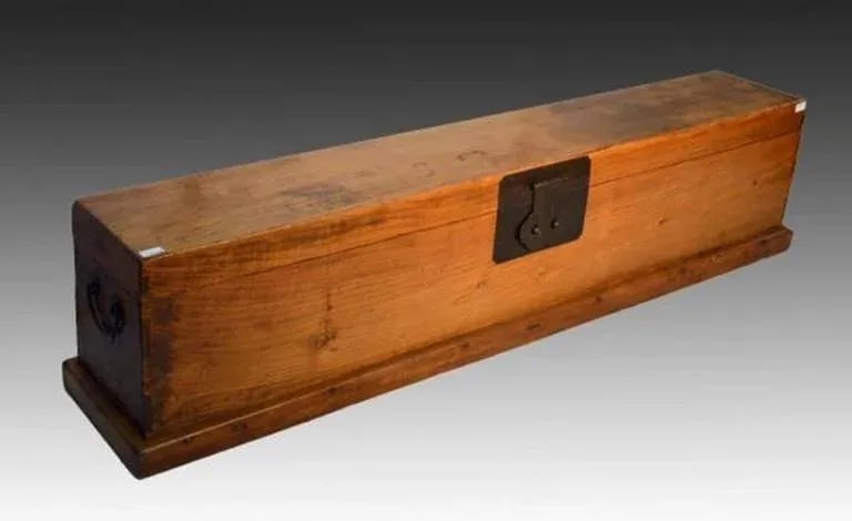 Antique Long Wood Scroll Box With Brass Hardware From China, Circa 1800s - 4