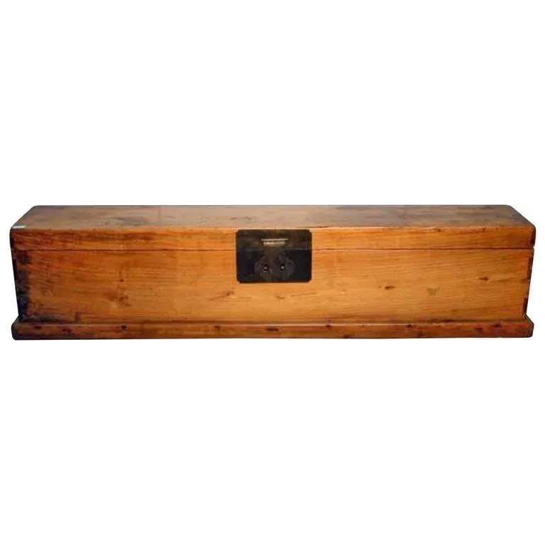 Antique Long Wood Scroll Box With Brass Hardware From China, Circa 1800s - 7