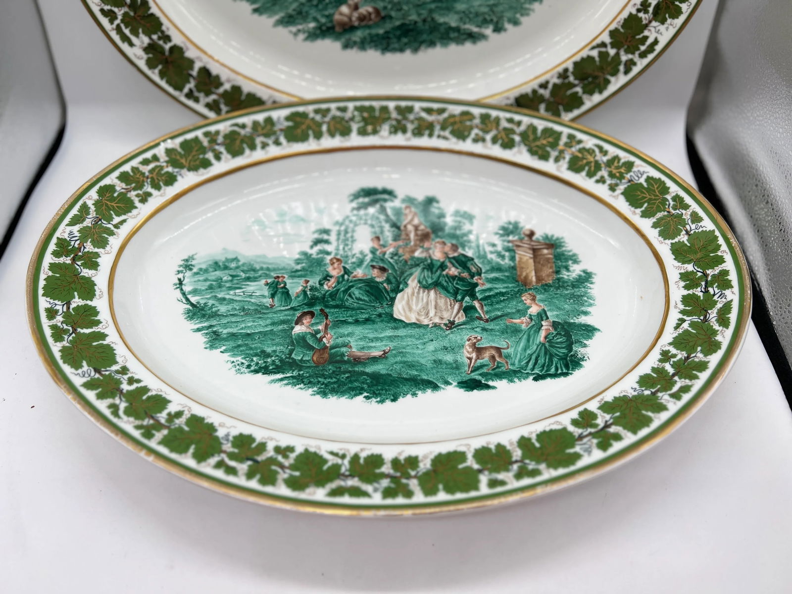 Pair, Meissen Opposing Courting Scene Porcelain "Green Ivy" Platters 19.75" - Circa 1940 - 2