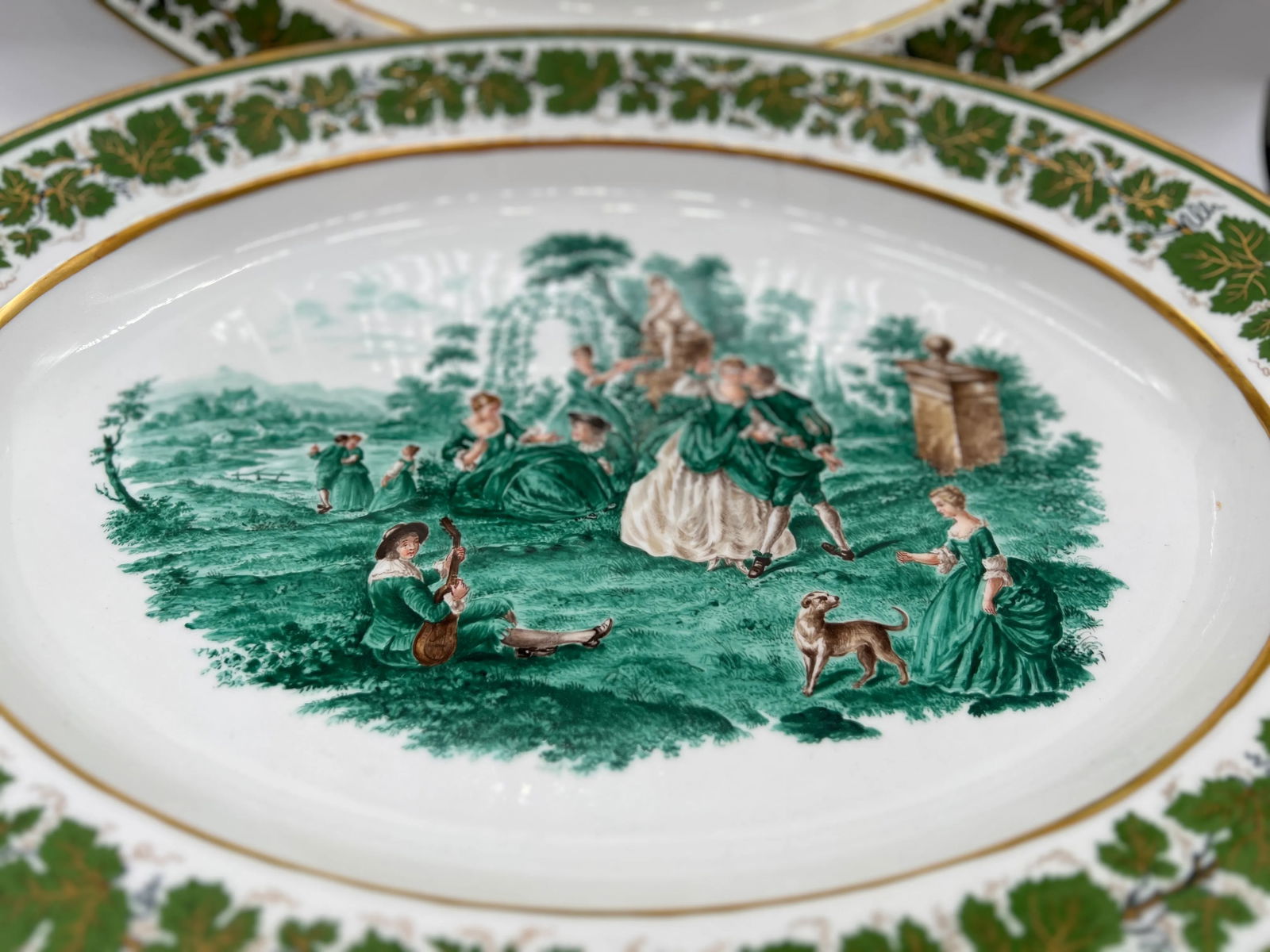 Pair, Meissen Opposing Courting Scene Porcelain "Green Ivy" Platters 19.75" - Circa 1940 - 3
