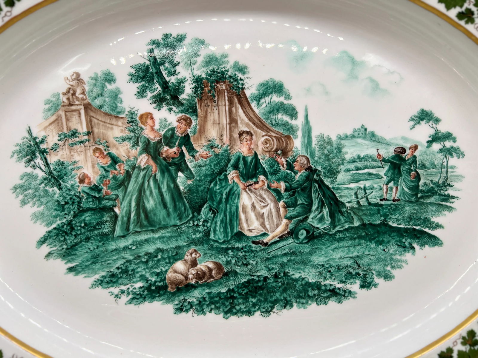 Pair, Meissen Opposing Courting Scene Porcelain "Green Ivy" Platters 19.75" - Circa 1940 - 4