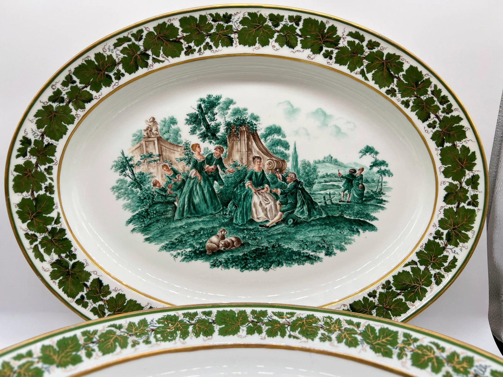 Pair, Meissen Opposing Courting Scene Porcelain "Green Ivy" Platters 19.75" - Circa 1940 - 8