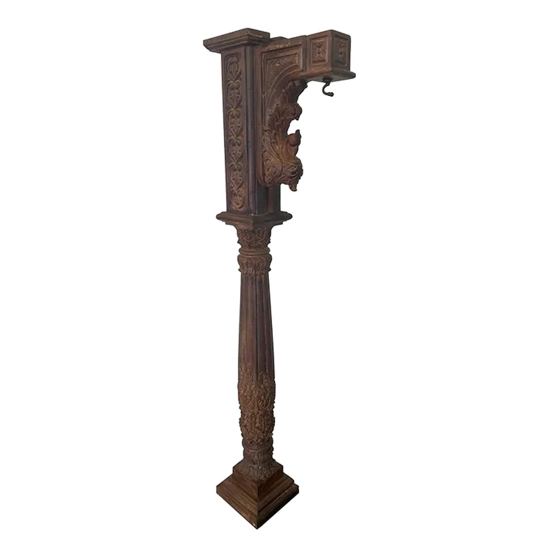 1970s Vintage Hand Carved Tall Freestanding Column With Hook: Dimensions: 7" W x 15" D x 55.5" H Features: "• Elegant finish and timeless style "• One-of-a-kind piece "• Sustainably sourced materials used "• Durable construction for
