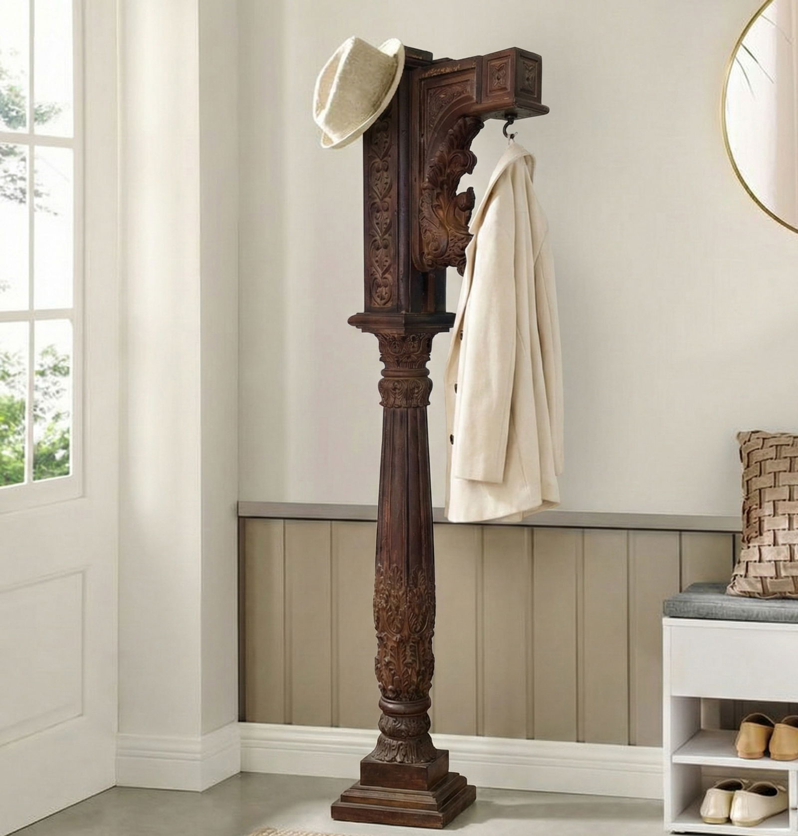 1970s Vintage Hand Carved Tall Freestanding Column With Hook - 8