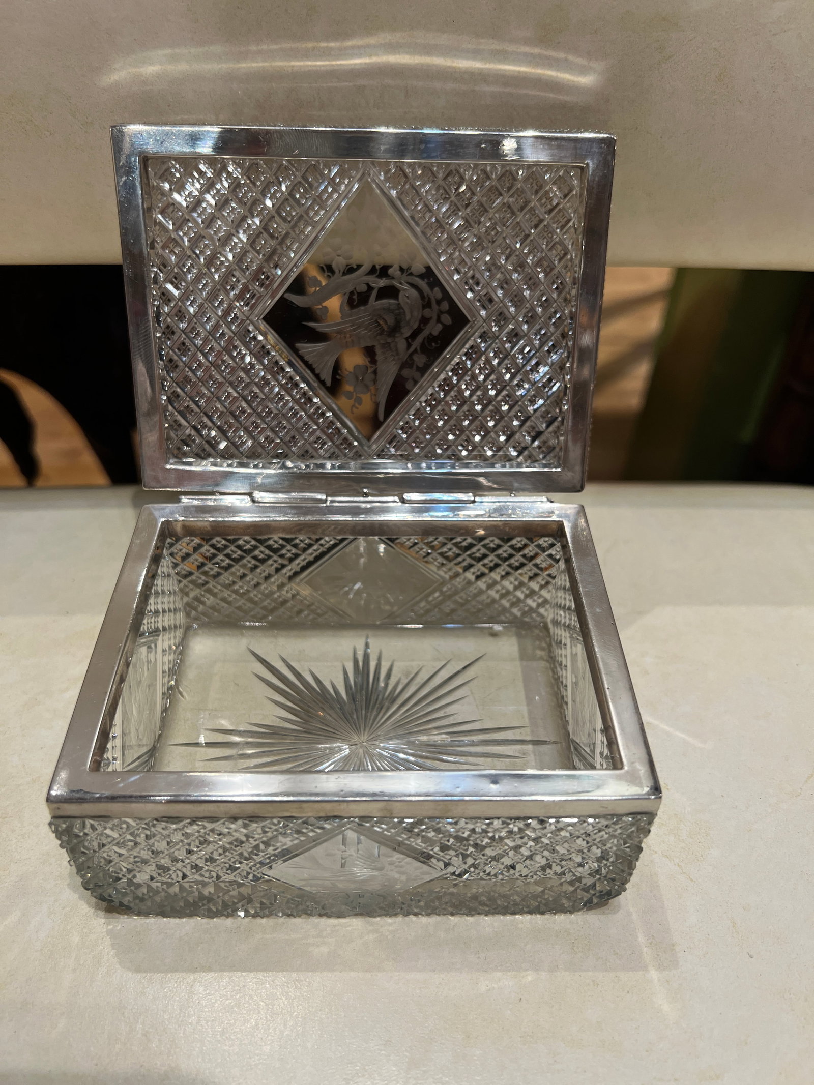 Fine Hawkes Cut Crystal & Sterling Silver Ornithological Motif Box - 10
