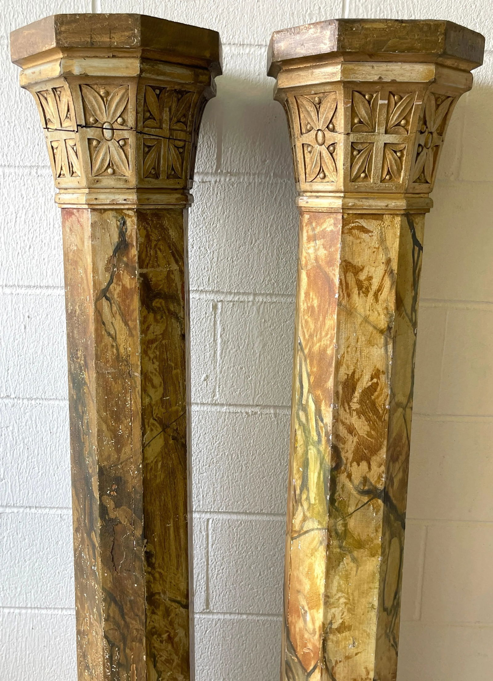 19th Century Tuscan Marbleized, Carved & Gilt 76" Columns/ Pedestals - a Pair - 10
