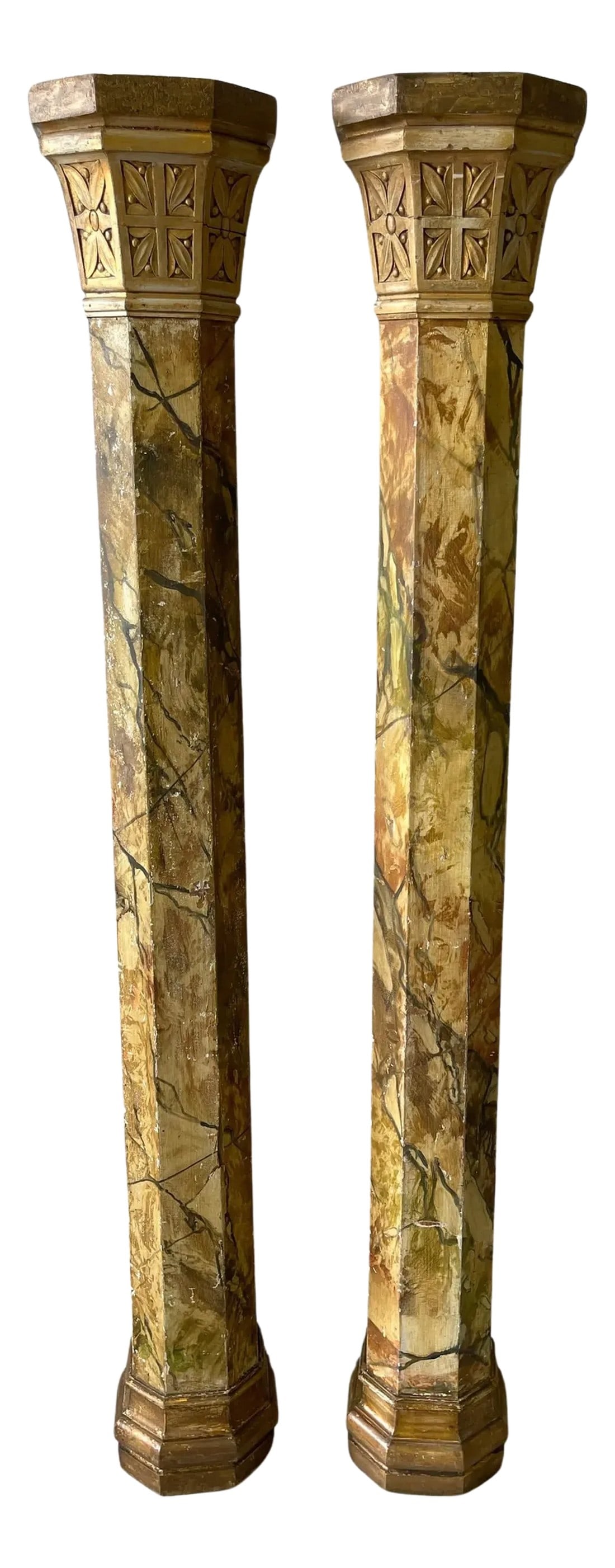 19th Century Tuscan Marbleized, Carved & Gilt 76" Columns/ Pedestals - a Pair: Pair of 19th Century Italian Tuscan Marbleized, Carved & Gilt 76" Columns/ Pedestals A stunning pair of 19th-century Italian Tuscan marbleized, carved, and gilt columns/pedestals. Each column