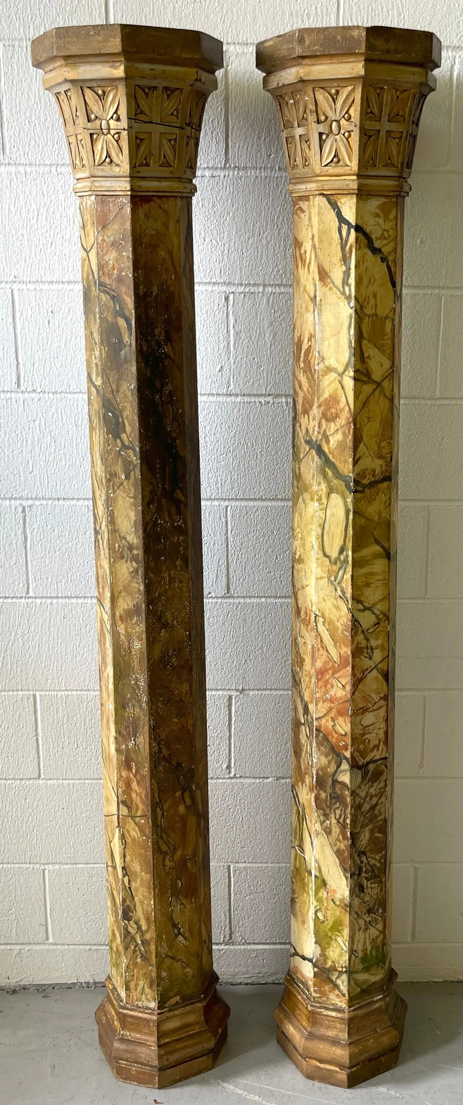 19th Century Tuscan Marbleized, Carved & Gilt 76" Columns/ Pedestals - a Pair - 2