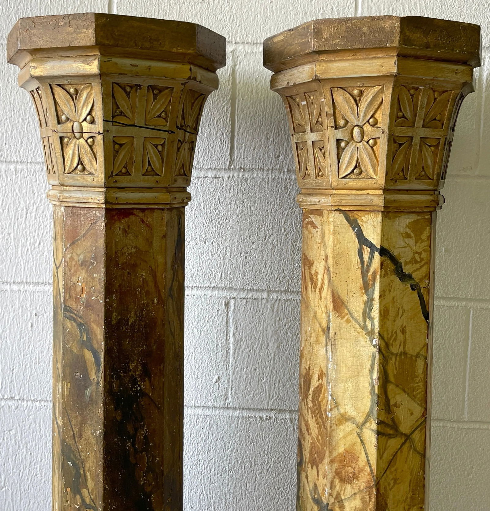 19th Century Tuscan Marbleized, Carved & Gilt 76" Columns/ Pedestals - a Pair - 3