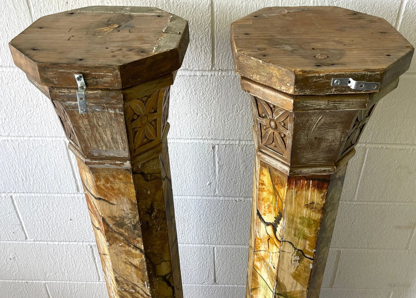 19th Century Tuscan Marbleized, Carved & Gilt 76" Columns/ Pedestals - a Pair - 4