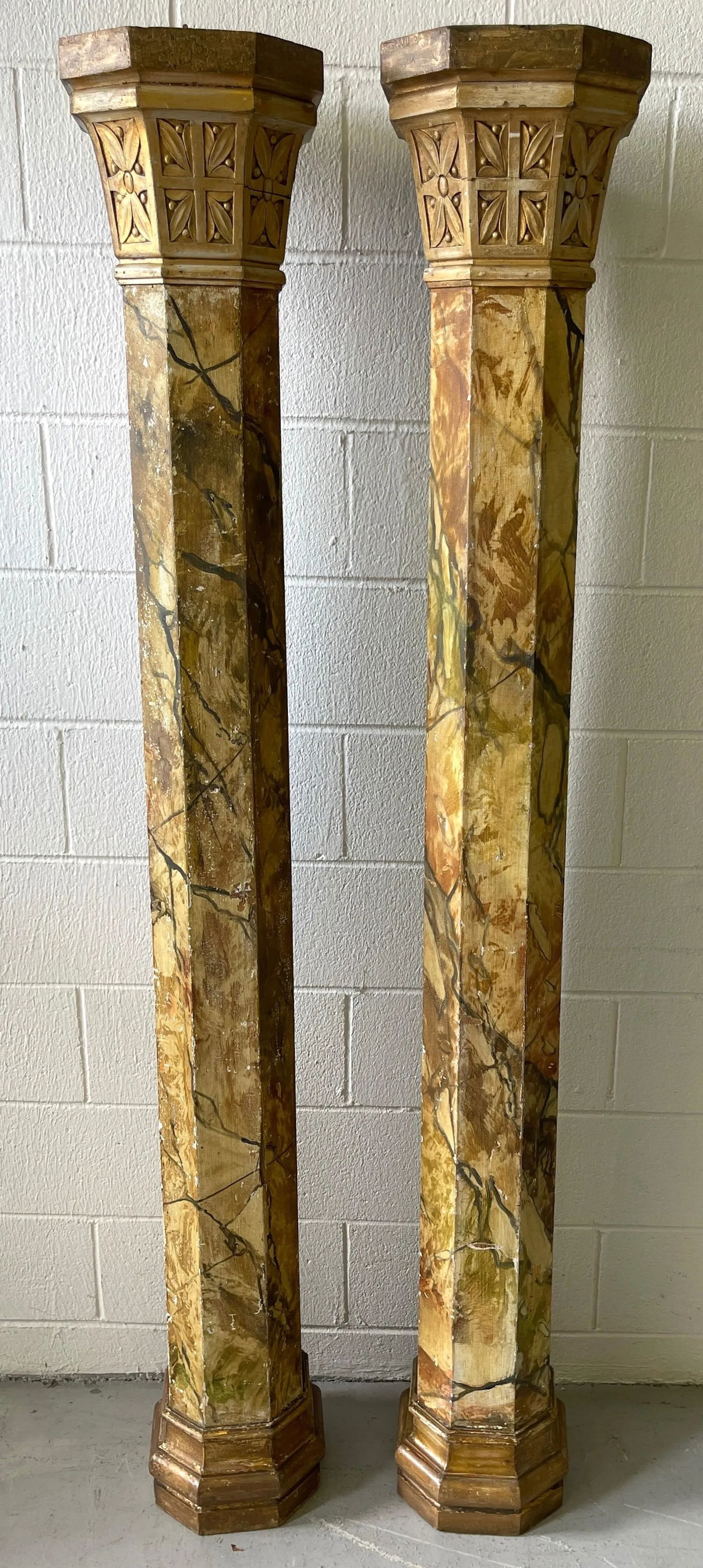 19th Century Tuscan Marbleized, Carved & Gilt 76" Columns/ Pedestals - a Pair - 5