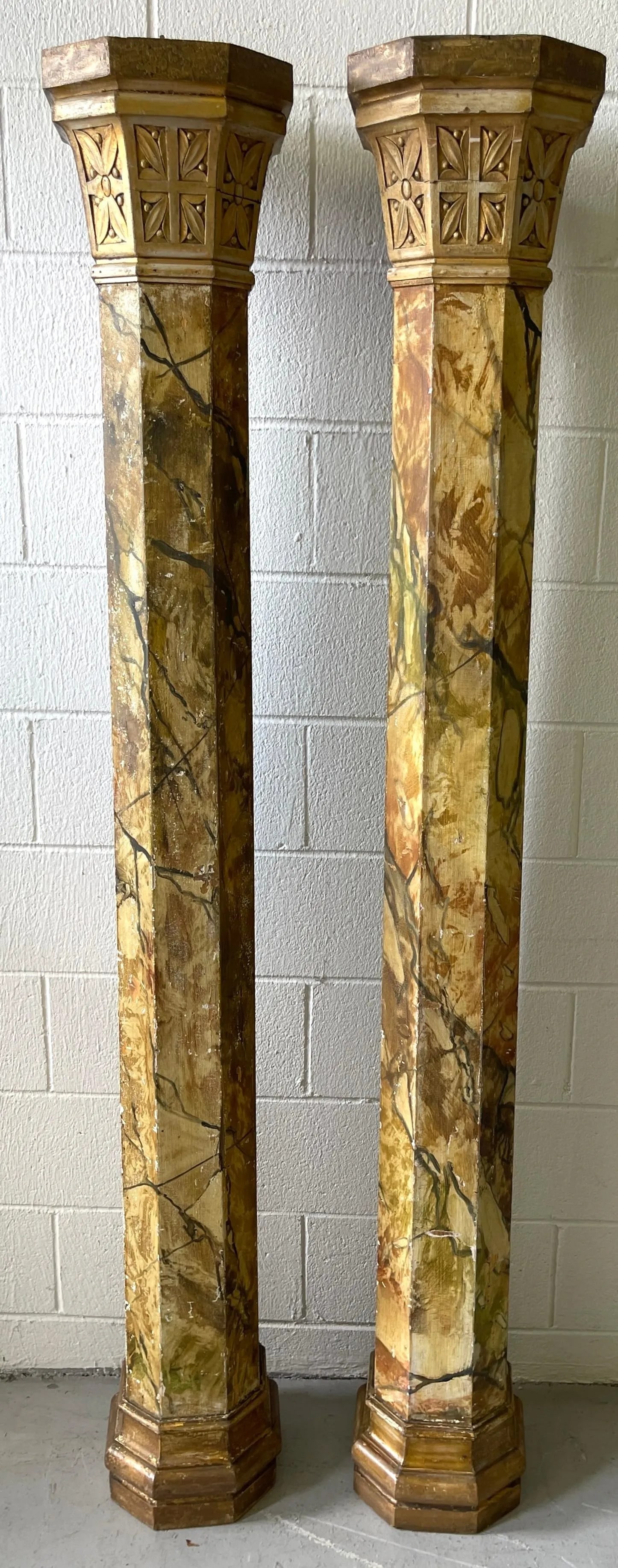 19th Century Tuscan Marbleized, Carved & Gilt 76" Columns/ Pedestals - a Pair - 6
