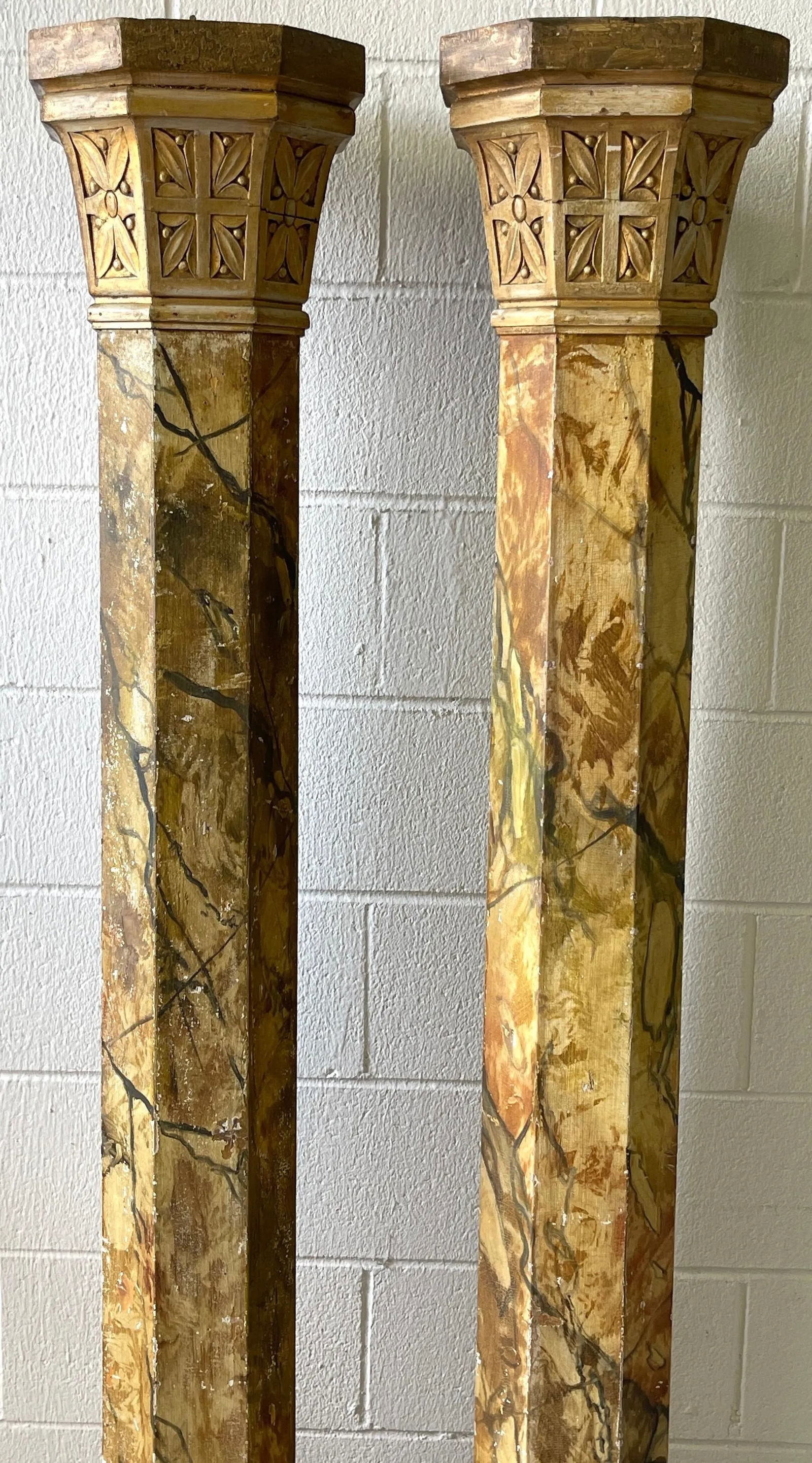 19th Century Tuscan Marbleized, Carved & Gilt 76" Columns/ Pedestals - a Pair - 7