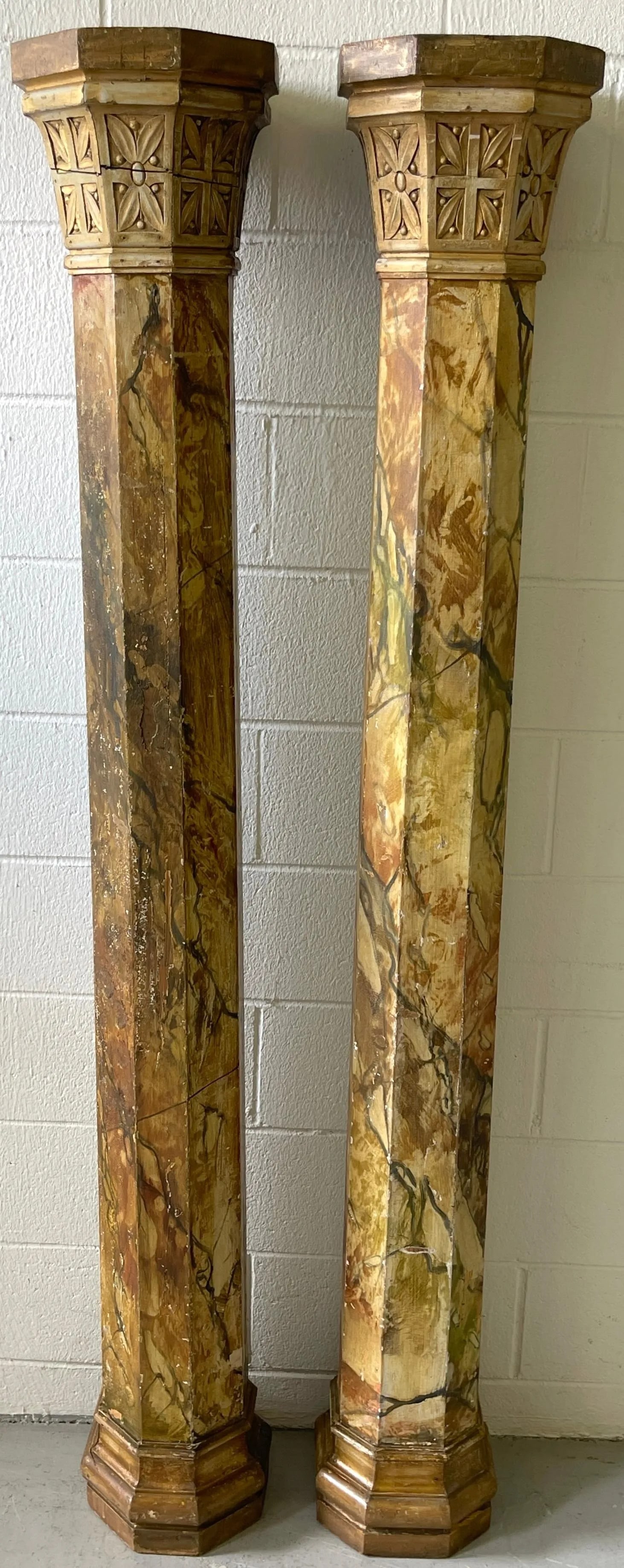 19th Century Tuscan Marbleized, Carved & Gilt 76" Columns/ Pedestals - a Pair - 8
