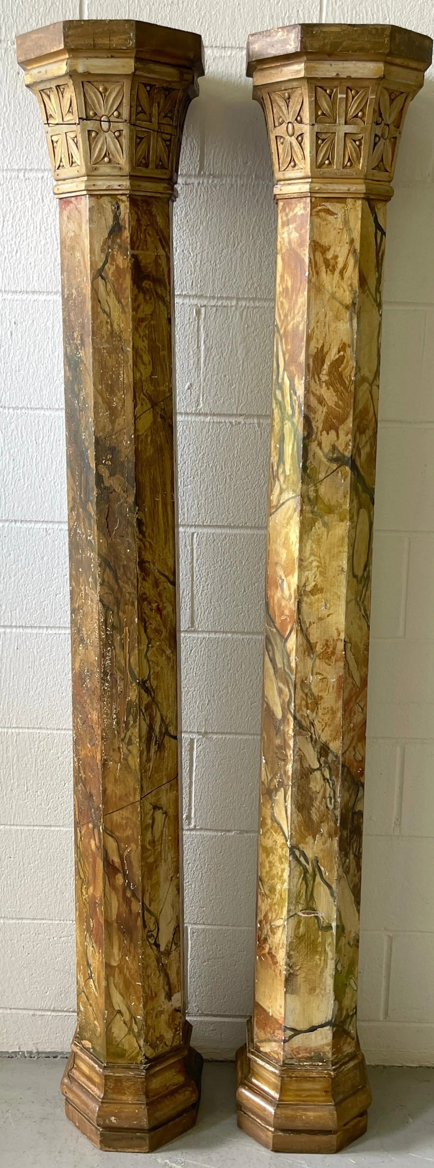 19th Century Tuscan Marbleized, Carved & Gilt 76" Columns/ Pedestals - a Pair - 9