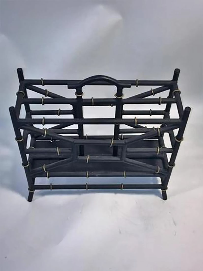 1960s Maison Baguès maison Bagues Style Matte Black and Gold Bamboo Form Magazine Rack - 3