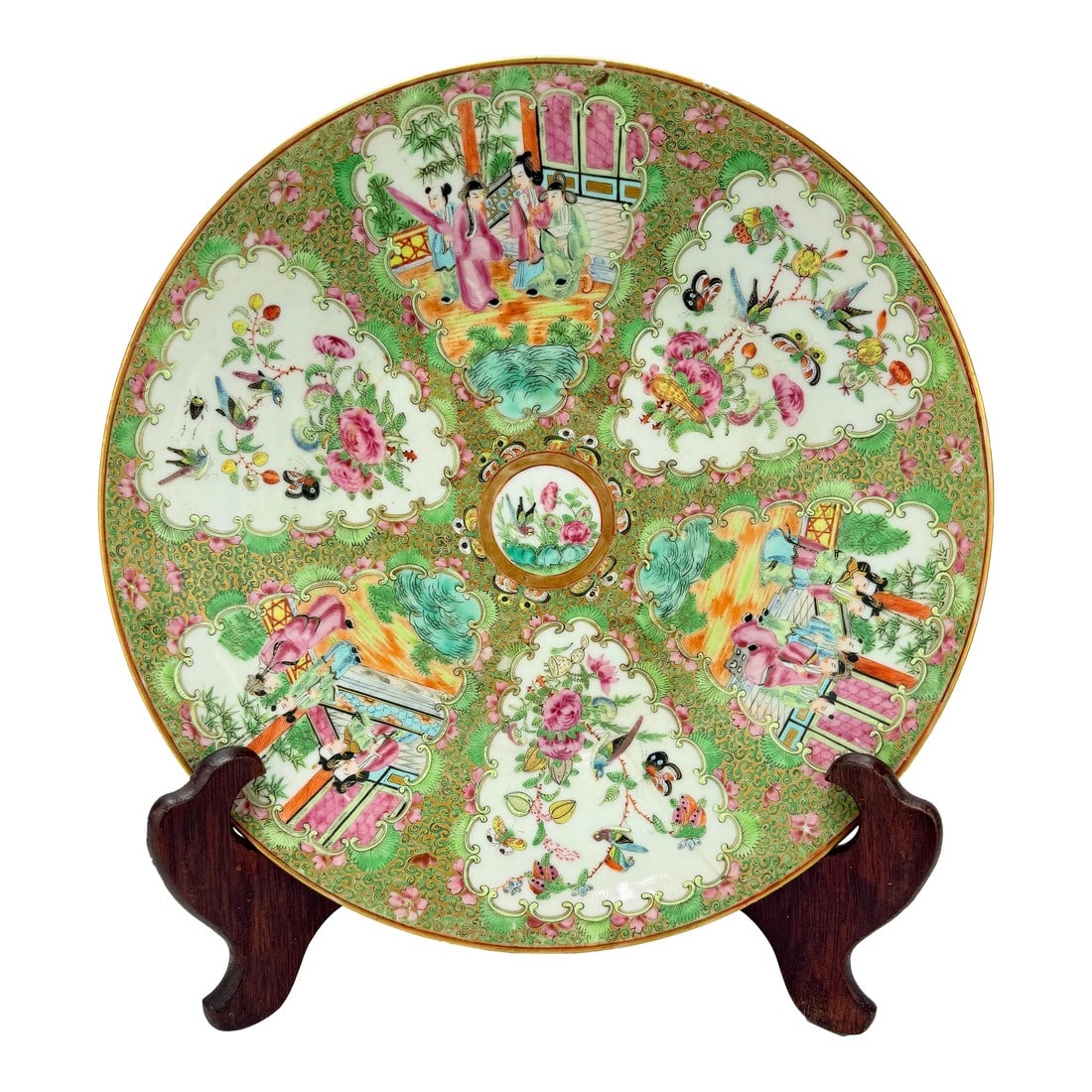 19th Century, Chinese Rose Medallion Porcelain Platter 13.5": This exquisite 19th-century Chinese Rose Medallion porcelain platter exemplifies the fine craftsmanship and vibrant artistry characteristic of Qing dynasty export porcelain. Measuring 13.5 inches in