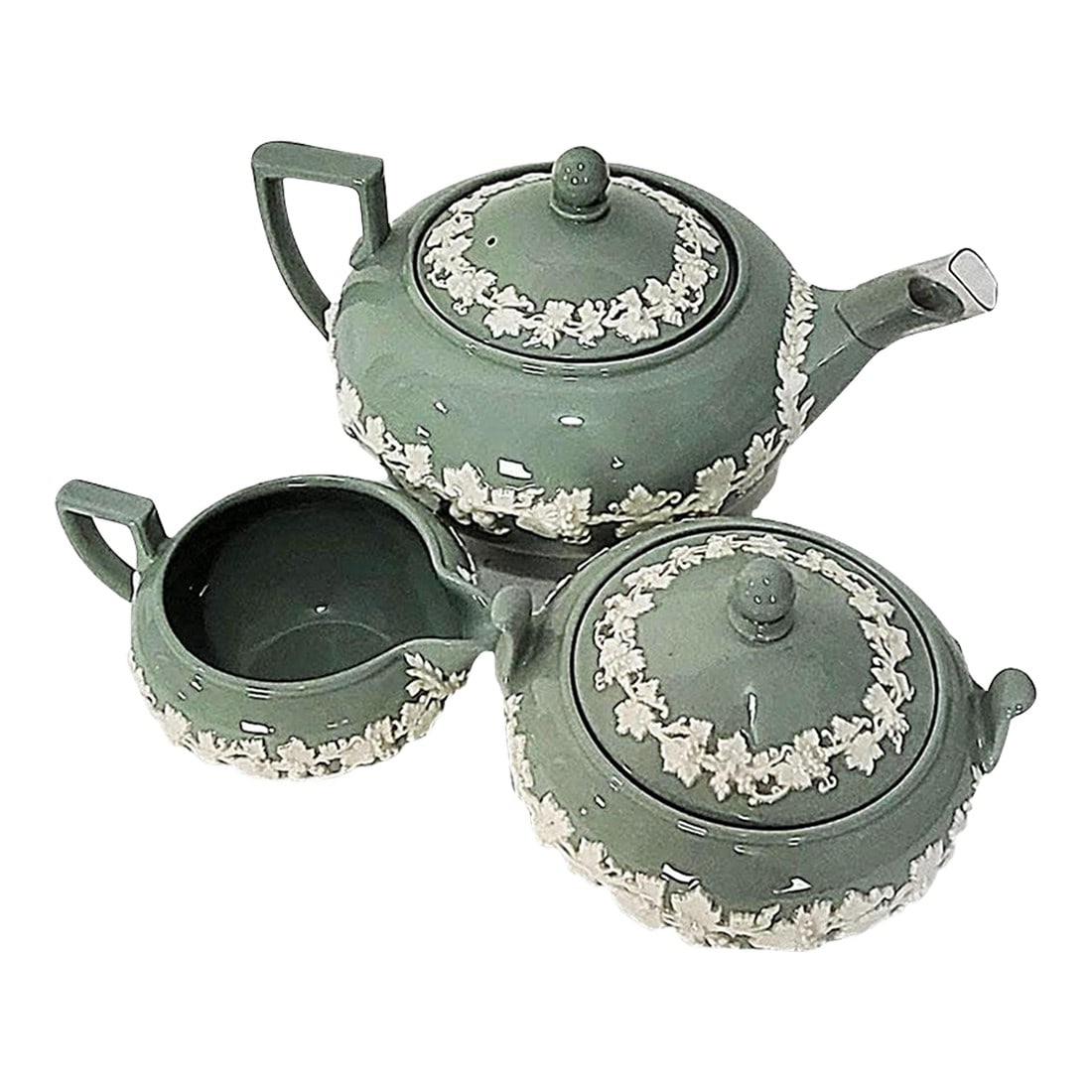 Wedgwood Queens Ware Teapot Sugar Creamer Celadon Pattern - 3 Pcs: Wedgwood Teapot, creamer and sugar bowl with lid in the rare Celadon pattern. Teapot 9" handle to spout, 5" to top of lid, Sugar 5 1/2" handle to handle 4 1/2" to top of lid, Creamer 5 14" handle to