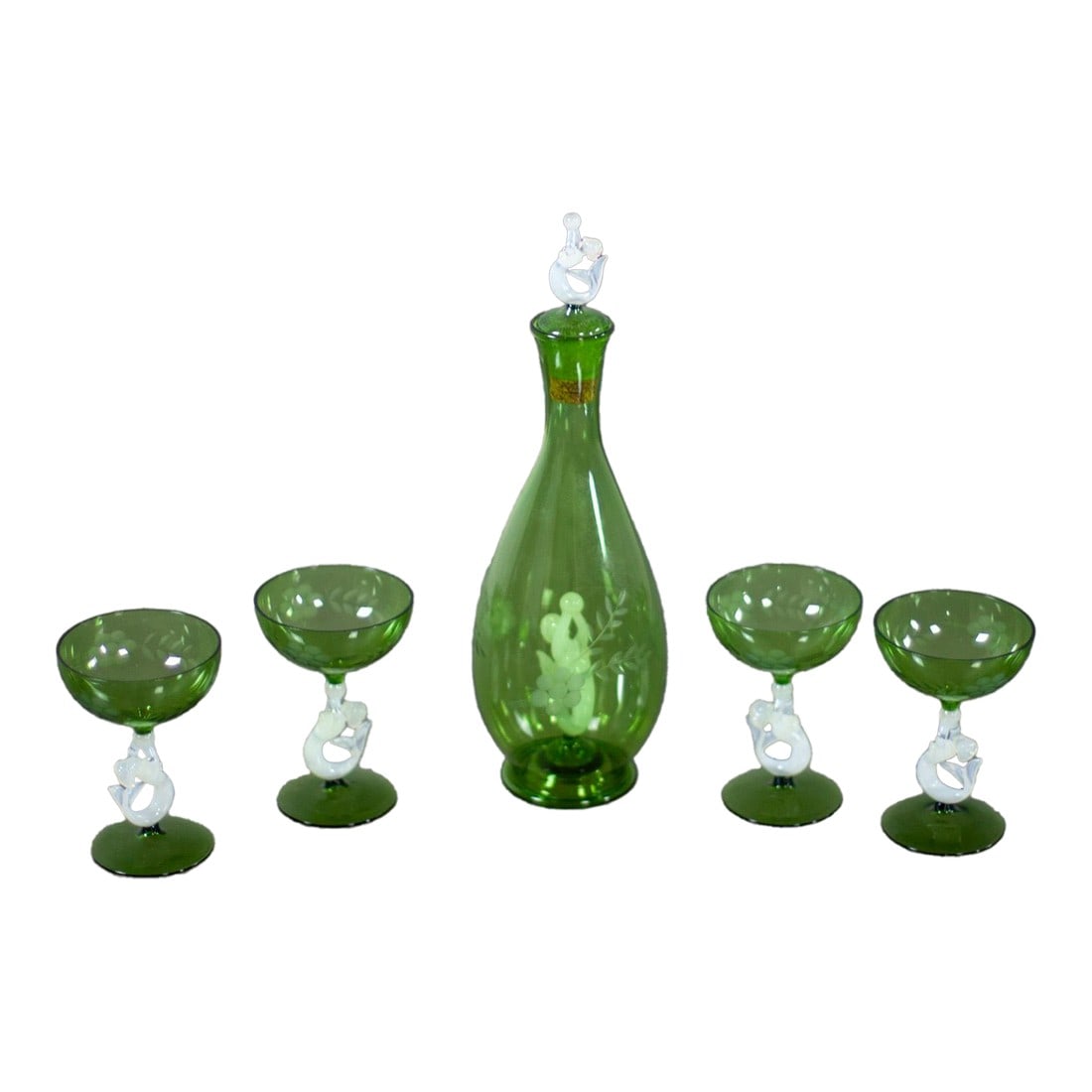 Early to Mid-20th Century Art Deco to Art Nouveau Bimini Austrian Art Glass Set 1 Decanter & 4 Coupe: Marvelous vintage Art Deco to Art Nouveau Bimini green & white Austrian art glass set including 1 decanter & topper & 4 coupes with mermaid stems & etched floral designs on the cups. This piece has