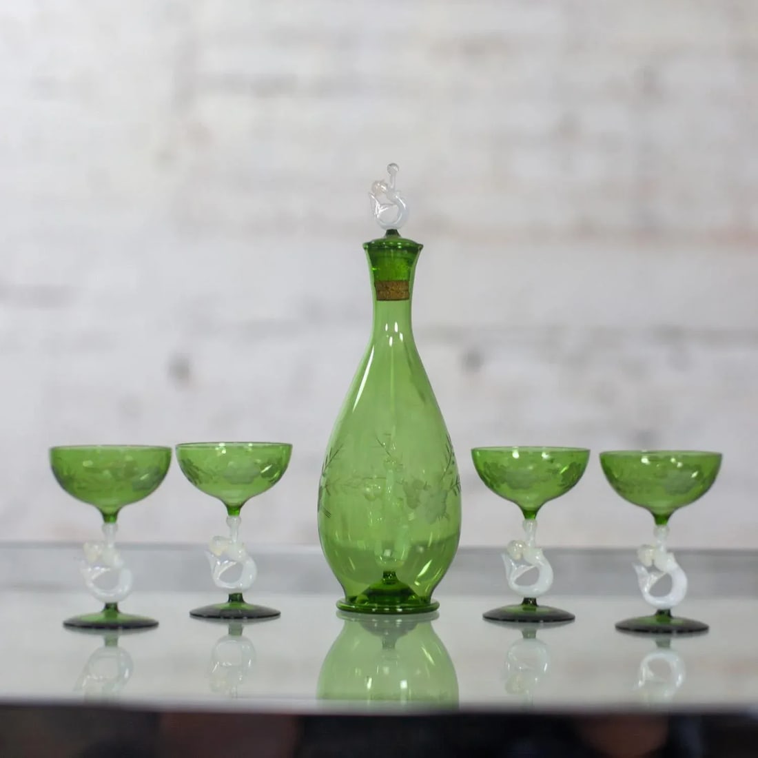 Early to Mid-20th Century Art Deco to Art Nouveau Bimini Austrian Art Glass Set 1 Decanter & 4 Coupe - 2