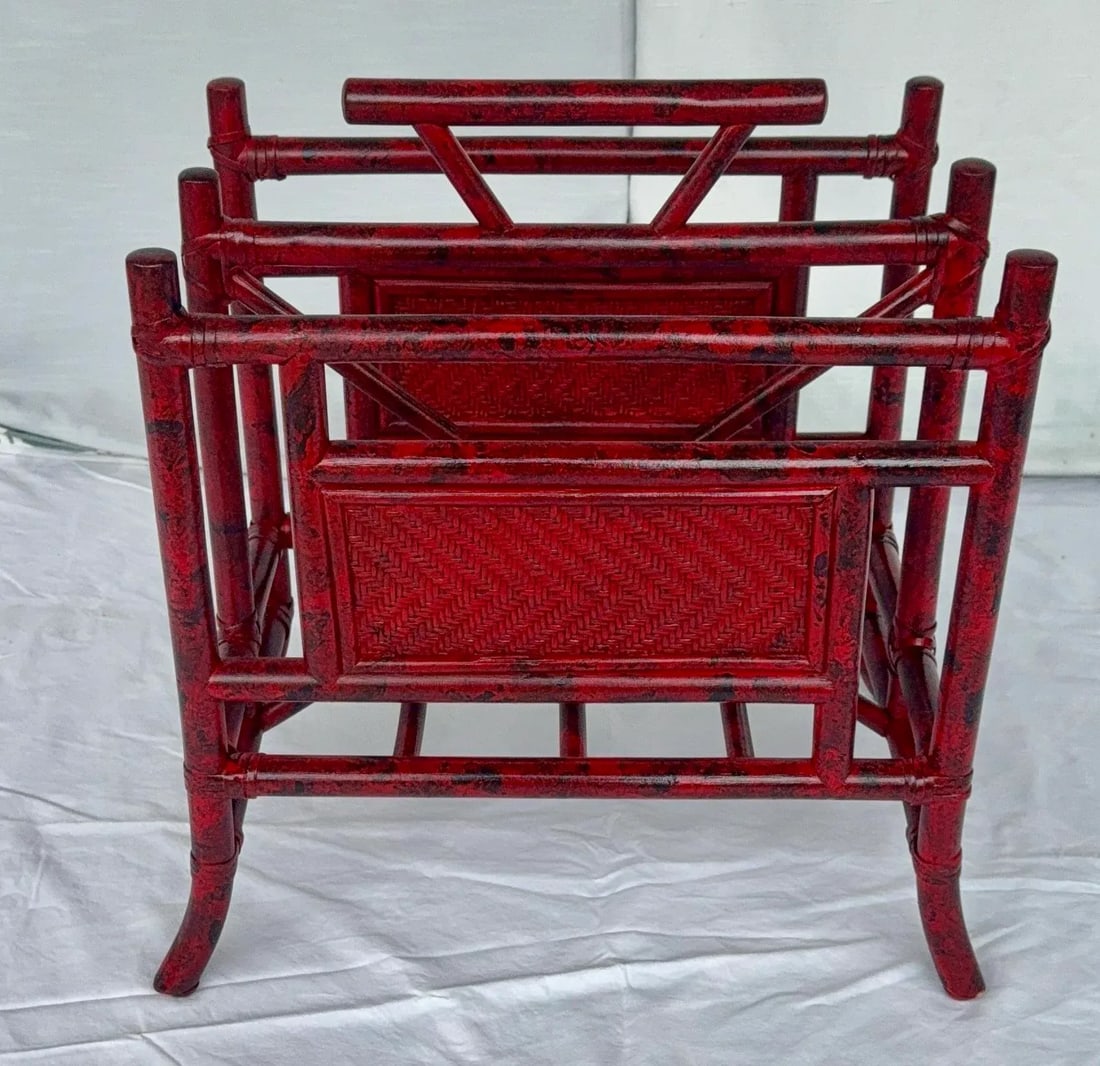 Vintage Vermillion Red Faux Tortoiseshell Pagoda Magazine Vinyl Record Rack - Newly Painted - 2